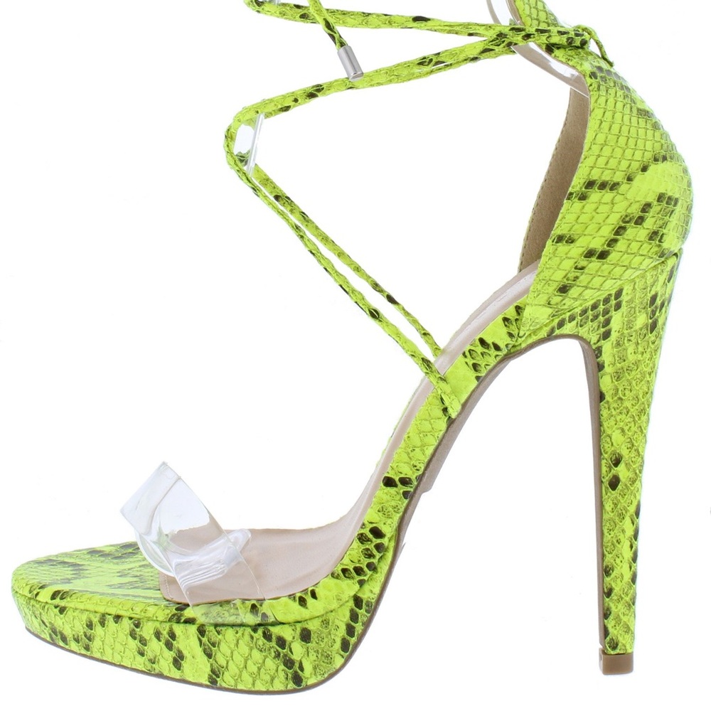 Neon yellow open toe ankle wrap stiletto heels